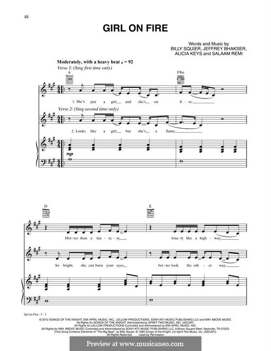 Girl on Fire: For voice and piano (or guitar) by Alicia Keys, Jeff Bhasker, Salaam Remi, Billy Squier