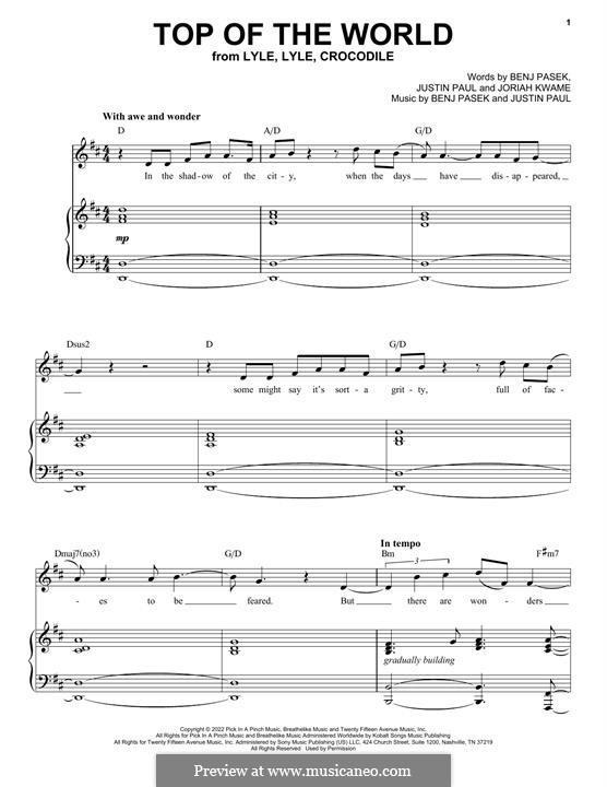 Top Of The World (from Lyle, Lyle, Crocodile): For voice and piano by Justin Paul, Benj Pasek