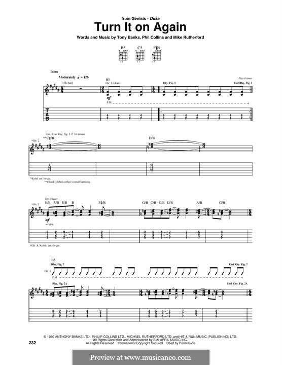 Turn it on Again (Genesis): For guitar by Tony Banks, Mike Rutherford, Phil Collins