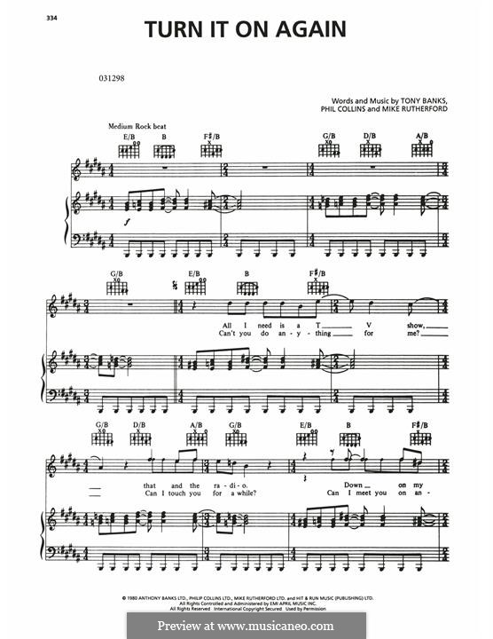 Turn it on Again (Genesis): For voice and piano (or guitar) by Tony Banks, Mike Rutherford, Phil Collins