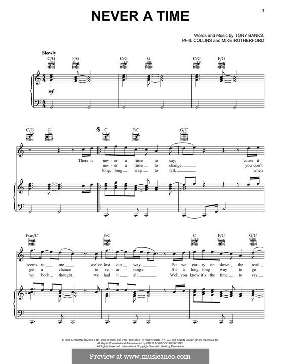 Never a Time (Genesis): For voice and piano (or guitar) by Tony Banks, Mike Rutherford, Phil Collins