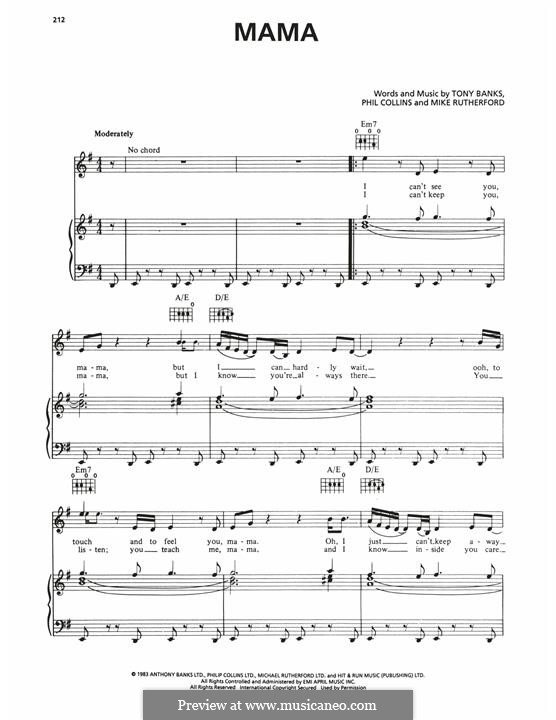 Mama (Genesis): For voice and piano (or guitar) by Tony Banks, Mike Rutherford, Phil Collins