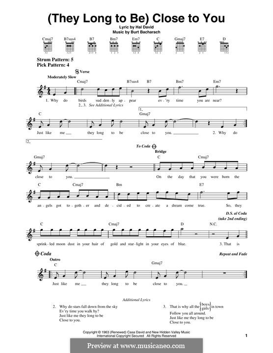 Close to You (They Long to be): For lyrics and guitar chords by Burt Bacharach