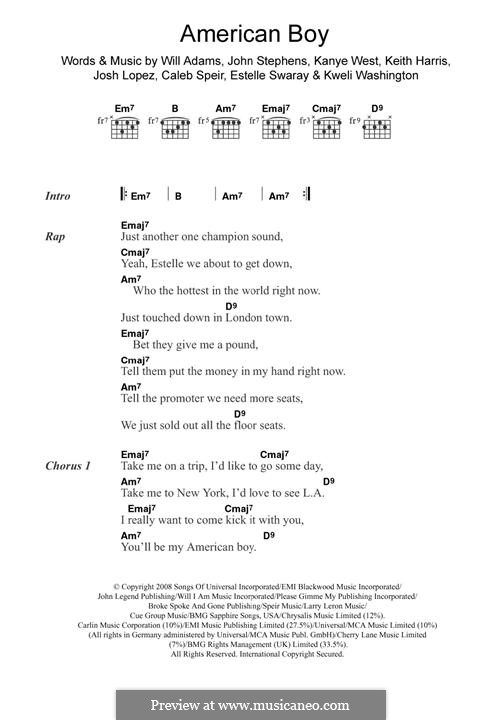 American Boy (Estelle): For guitar by Caleb Speir, Estelle Swaray, John Stephens, Joshua Lopez, Kanye West, Keith Harris, will.i.am