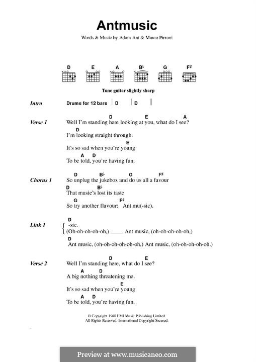 Antmusic (Adam & The Ants): For lyrics and guitar chords by Adam Ant, Marco Pirroni