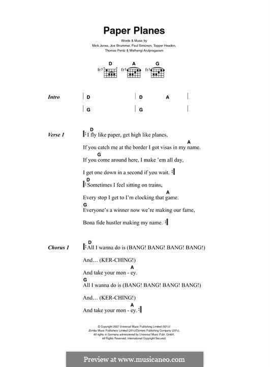 Paper Planes (M.I.A.): For guitar by Joe Strummer, Mathangi Arulpragasam, Mick Jones, Paul Simonon, Diplo, Topper Headon