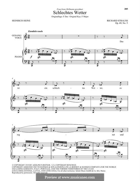 Fünf Kleine Lieder, Op.69: No.5 Schlechtes Wetter (Low Voice) by Richard Strauss