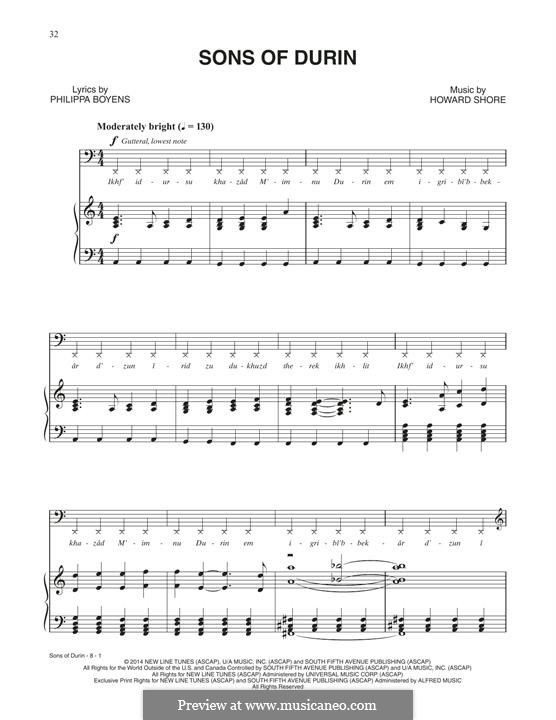 Sons Of Durin (from The Hobbit: The Battle of the Five Armies): For voice and piano by Howard Shore