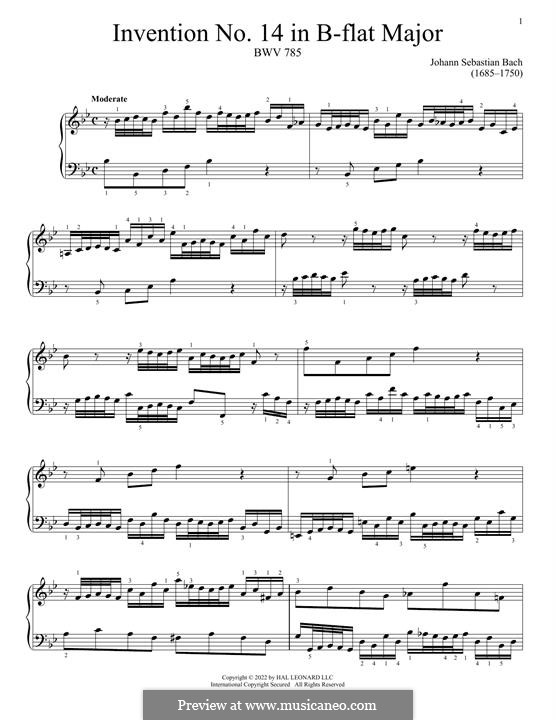 No.14 in B Flat Major, BWV 785: For piano by Johann Sebastian Bach