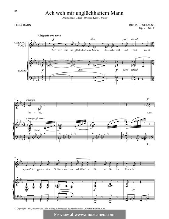 No.4 Ach weh mir unglückhaftem Mann: Low Voice by Richard Strauss