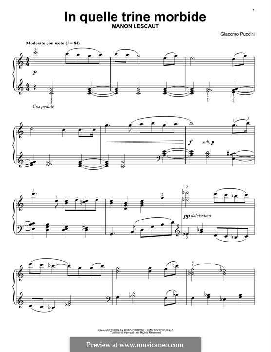 Manon Lescaut : In quelle trine morbide, for piano by Giacomo Puccini