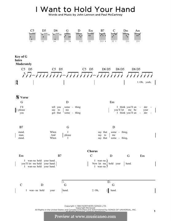 I Want to Hold Your Hand (The Beatles): For guitar by John Lennon, Paul McCartney