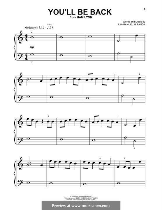 You'll Be Back (from 'Hamilton'): For piano by Lin-Manuel Miranda
