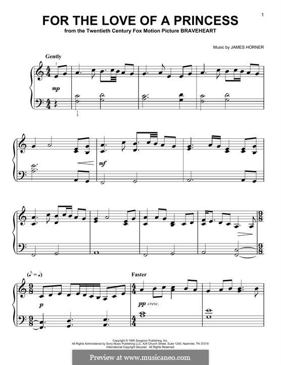 For the Love of a Princess (from Braveheart): For piano by James Horner