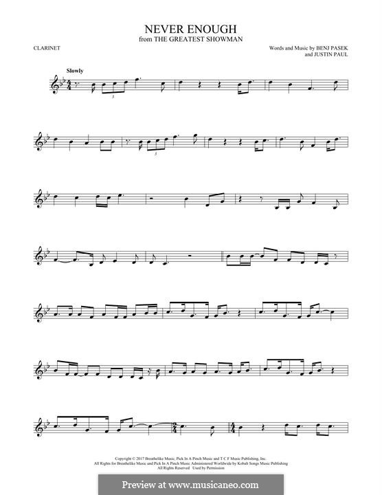 Never Enough (from The Greatest Showman): For clarinet by Justin Paul, Benj Pasek