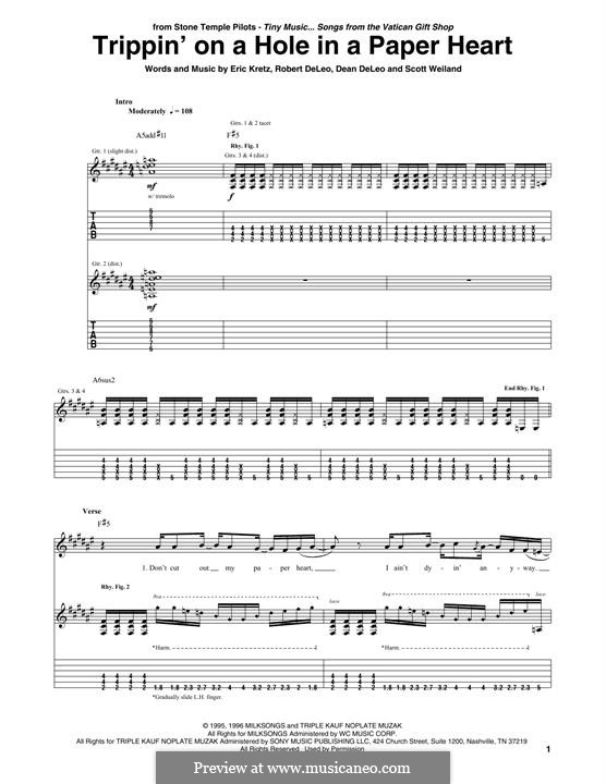 Trippin' on a Hole in a Paper Heart (Stone Temple Pilots): For guitar by Dean DeLeo, Eric Kretz, Robert DeLeo, Scott Weiland