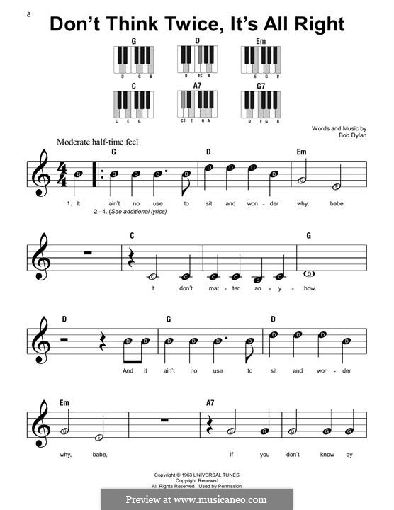 Don't Think Twice, It's Alright: For easy piano by Bob Dylan