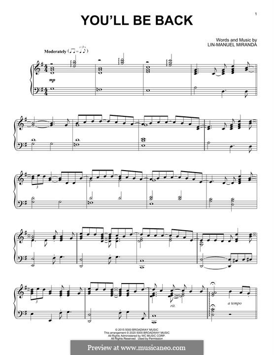 You'll Be Back (from 'Hamilton'): For piano by Lin-Manuel Miranda