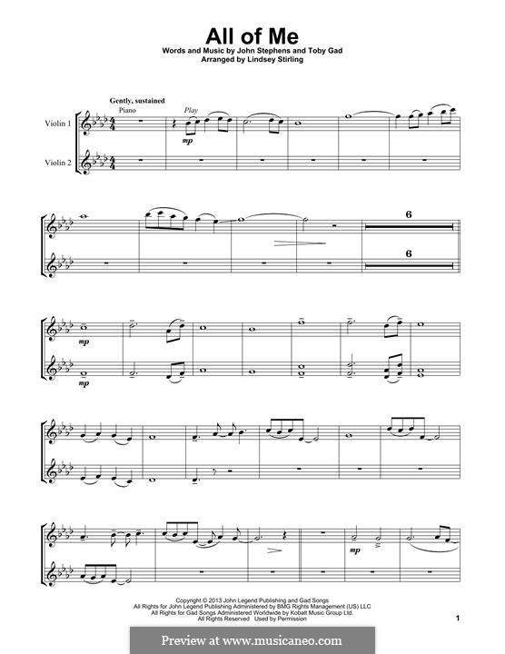 All of Me: For two violins (Lindsey Stirling) by John Stephens, Tobias Gad