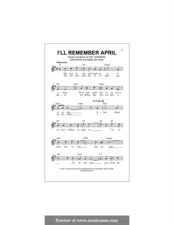 I'll Remember April (Woody Herman): For keyboard by Don Raye, Gene de Paul, Patricia Johnson