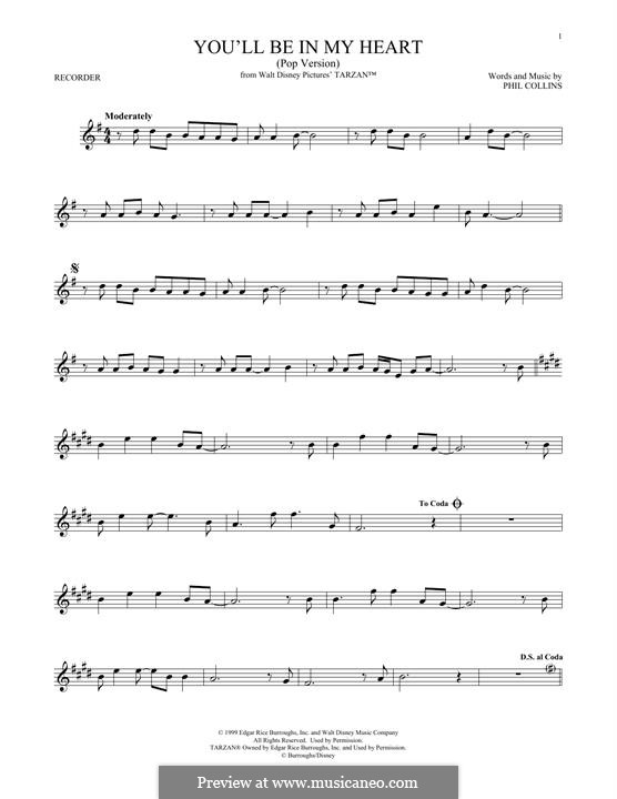 You'll Be in My Heart (from Walt Disney's Tarzan): For recorder by Phil Collins