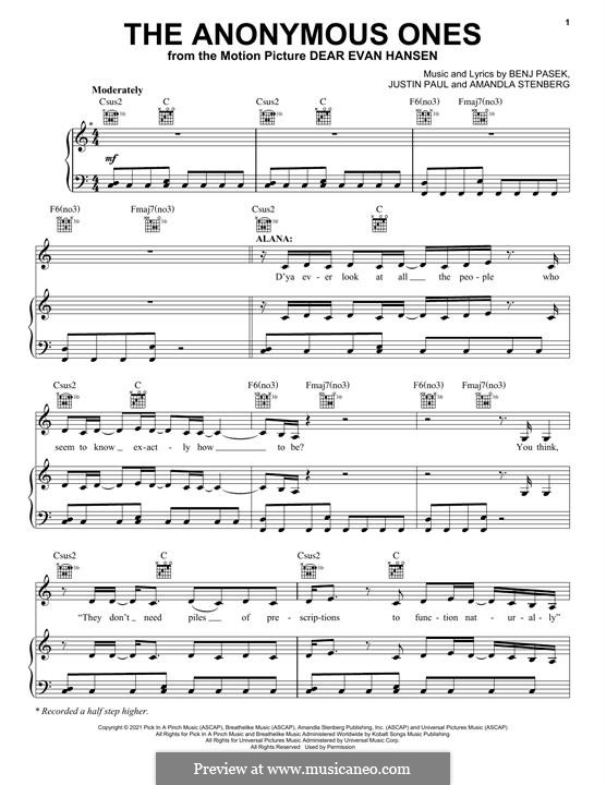 The Anonymous Ones (from Dear Evan Hansen): For voice and piano (or guitar) by Justin Paul, Benj Pasek