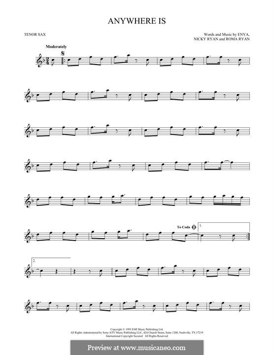 Anywhere Is (Enya): For tenor saxophone by Nicky Ryan, Roma Ryan