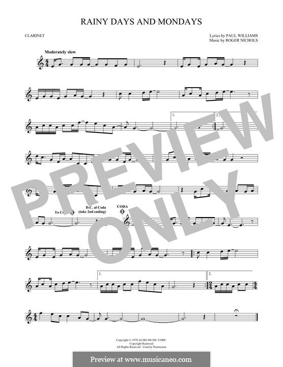 Rainy Days and Mondays (Carpenters): For clarinet by Paul H. Williams, Roger Nichols