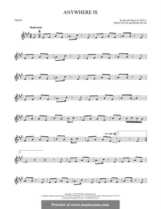 Anywhere Is (Enya): For violin by Nicky Ryan, Roma Ryan