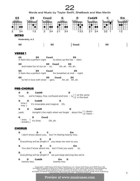 22: Lyrics and guitar chords by Taylor Swift