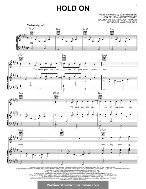 Hold On (Justin Bieber): For voice and piano (or guitar) by Louis Bell