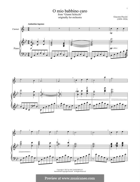 O mio babbino caro: For clarinet and piano by Giacomo Puccini