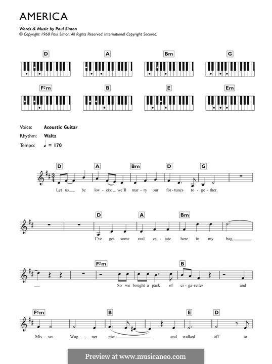 America (Simon & Garfunkel): For easy piano by Paul Simon