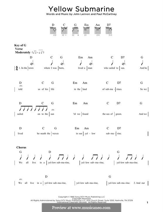 Yellow Submarine (The Beatles): For guitar by John Lennon, Paul McCartney