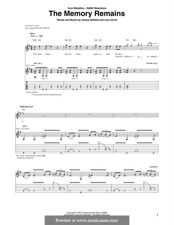 The Memory Remains (Metallica): For guitar by James Hetfield, Lars Ulrich