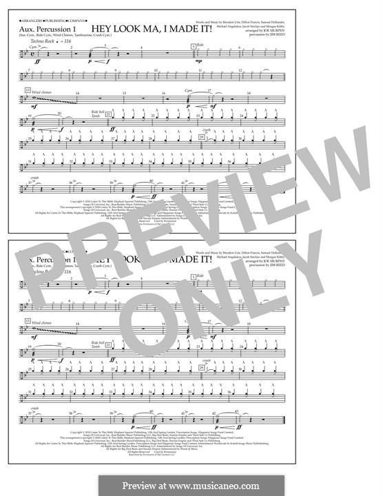 Hey Look Ma, I Made It (Panic! At The Disco): Aux. Percussion 1 part by Brendon Urie, Michael Angelakos, Sam Hollander, Jacob Sinclair, Morgan Kibby, Dillon Francis