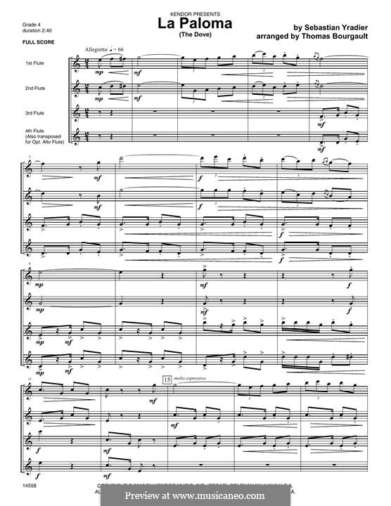 La Paloma (The Dove): For flutes – full score by Sebastián Yradier