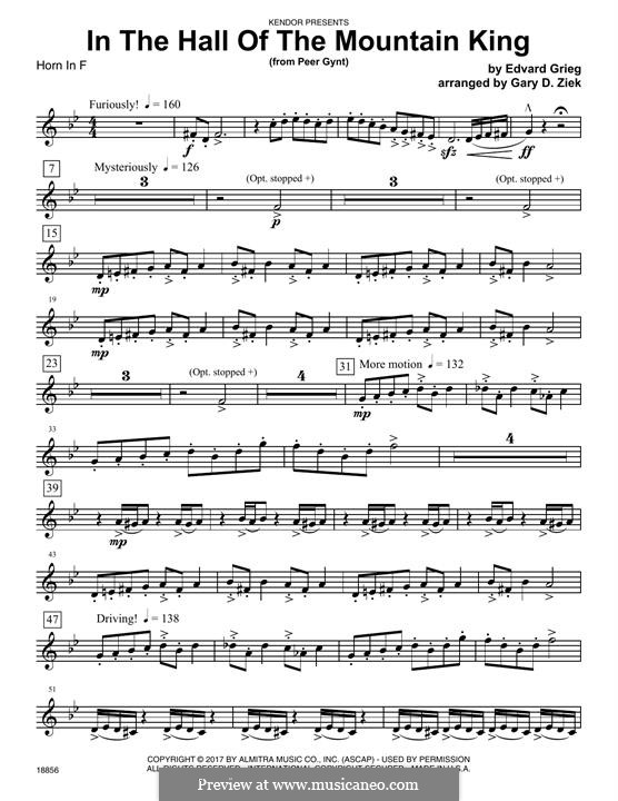 Suite No.1. In the Hall of the Mountain King (Chamber arrangements), Op.46 No.4: For brass – Horn in F part by Edvard Grieg