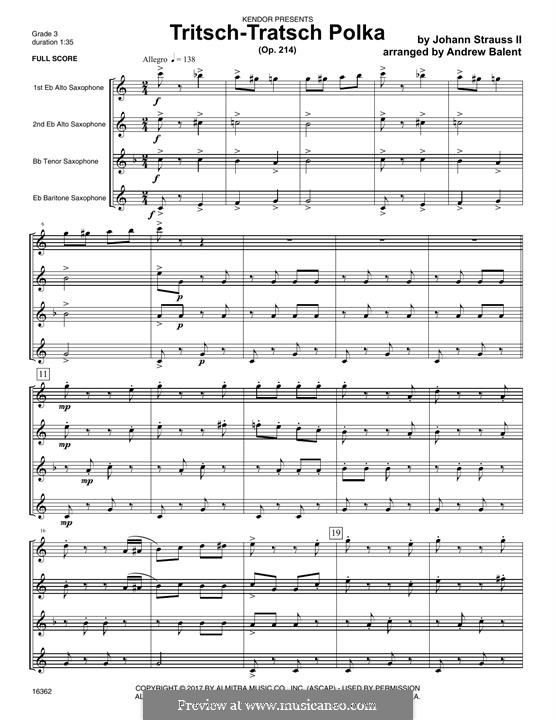 Tritsch Tratsch Polka, Op.214: For saxophones – full score by Johann Strauss (Sohn)