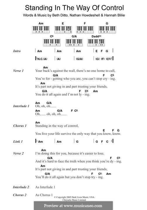 Standing in the Way of Control (The Gossip): Lyrics and chords by Beth Ditto, Hannah Blilie, Nathan Howdeshell