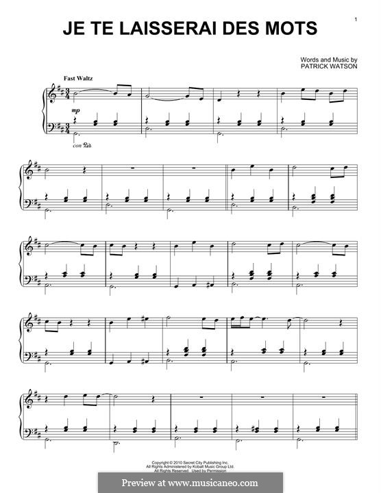 Je Te Laisserai Des Mots: For piano by Patrick Watson