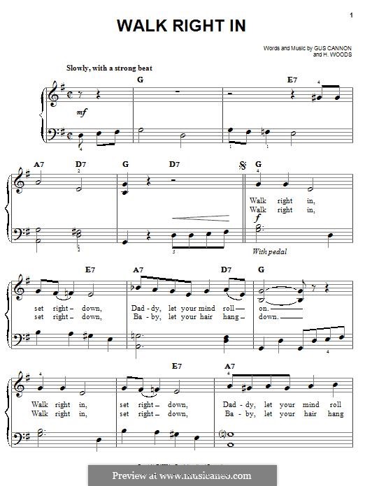 Walk Right in (The Rooftop Singers): For piano by Gus Cannon, Harry Woods