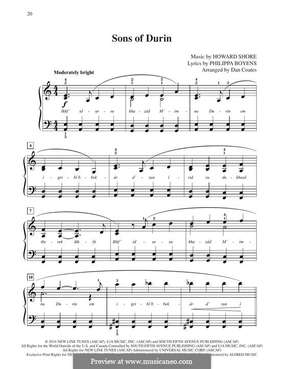 Sons Of Durin (from The Hobbit: The Battle of the Five Armies): For piano by Howard Shore