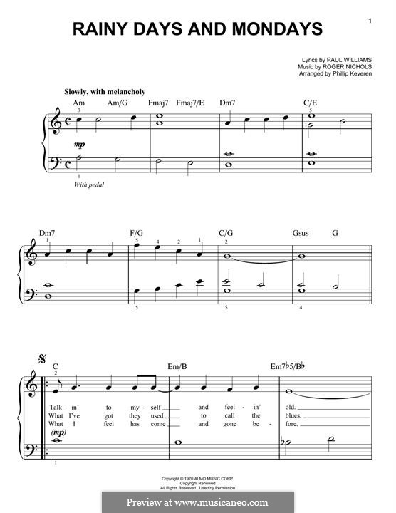 Rainy Days and Mondays (Carpenters): For piano by Paul H. Williams, Roger Nichols