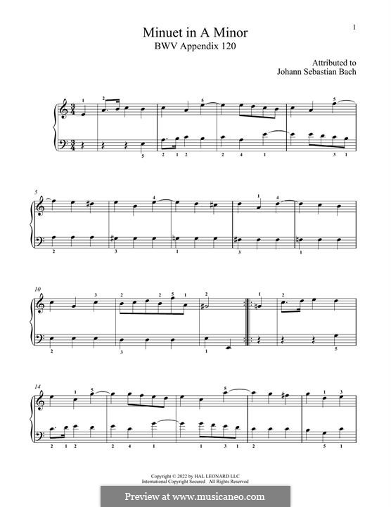 No.14 Minuet in A Minor, BWV Anh.120: For piano by Johann Sebastian Bach
