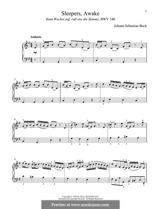 No.1 Wachet auf (Sleepers Awake): For piano by Johann Sebastian Bach