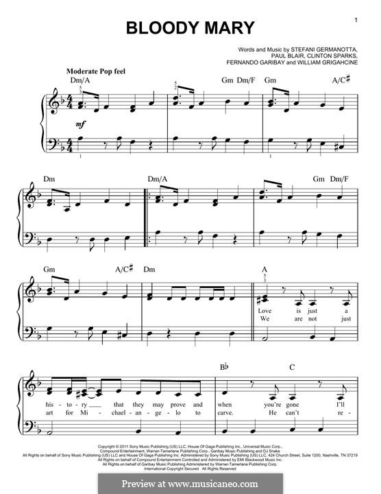 Bloody Mary (Lady Gaga): For piano by Clinton Sparks, Fernando Garibay, Paul Blair, Stefani Germanotta, William Grigahcine