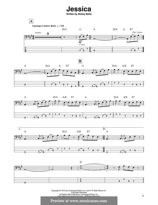 Jessica (The Allman Brothers Band): For bass guitar with tab by Dickey Betts