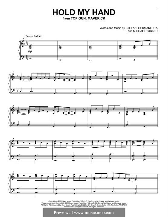 Hold My Hand (from Top Gun: Maverick) Lady Gaga: For piano by Stefani Germanotta, Michael Tucker