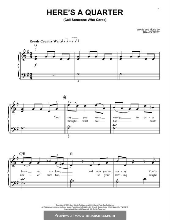Here's a Quarter (Call Someone Who Cares): For piano by Travis Tritt